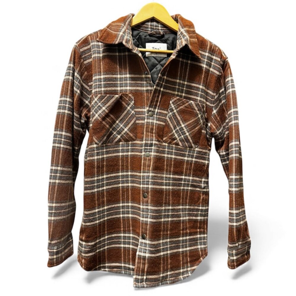 TNA Wool Plaid Button-Up Coat | Brown & Blue | Size Medium | VGUC
